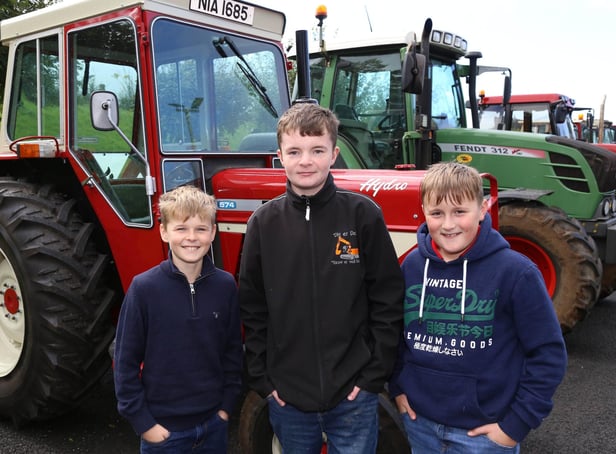 Charlie Boyd, Daire McMullan and Ryan Moloney pictured at the Loughguile Church of Ireland tractor run. Picture Kevin McAuley/McAuley Multimedia