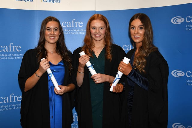 Parklands Veterinary Group supported five staff to attain their Level 3 Diploma in Veterinary Nursing (Companion Animal) qualifications. Celebrating are graduates, Adele Getty (Maghera), Claire Dilly (Dungannon) and Rachel Mullan (Portadown). Well done one and all! (Pic: CAFRE)