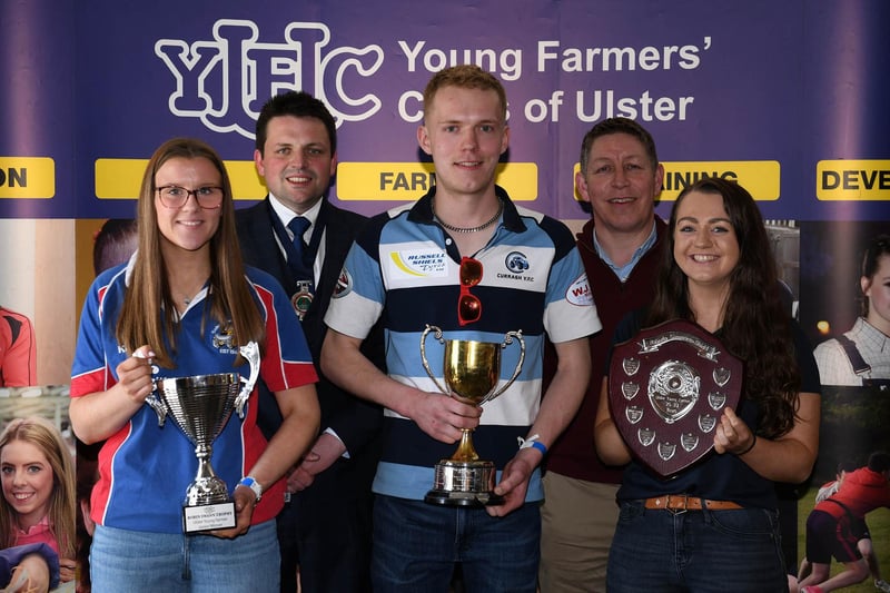 YFCU Ulster Young Farmer award winners in the junior, U21 and senior categories. Grace George, Jack Stewart and Helen Laird pictured with Rodney Brown, head of agri-business at Danske Bank, and YFCU president Richard Beattie. Picture: YFCU