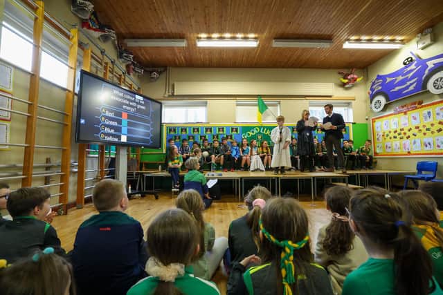 Children from St Patrick’s and St Joseph‘s Primary School, Glenullin enjoying their ‘Green’ Assembly with staff from ABO Wind