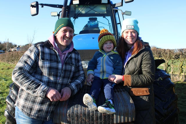 Joe and Joanne Cosgrave and Conal looking forward to the tractor run at Katesbridge on Monday.