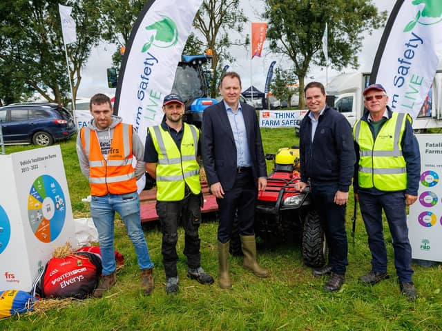 At the official launch of Farm Safety Live demonstrations at the Tullamore show 2023 are (L to R) Peter Slattery, FRS Training, Colin Heaney, FBD Insurance, Joe Molloy, Tullamore Show, Pat Griffin, HSA, Chelsey Cox, Tullamore Show, Minister for Agriculture Food and the Marine, Charlie McConalogue and Minster for State with special responsibility for farm safety, Martin Heydon, Colin Donnery, FRS Network, Tim Maher, FRS Network and Jane Marks, FRS Network. Pic: Jeff Harvey