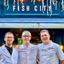John Lavery, centre, owner of Fish City in Belfast, with Geoff and Sam Whitehead, directors of Whitehead’s in Yorkshire. (Pic supplied by Sam Butler)