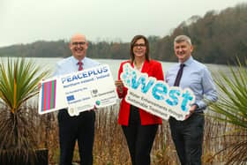 Pictured at the launch of the €32m WEST (Water Enhancements through Sustainable Treatment) project at Finn Lough in Co. Fermanagh are L-R: Paul Sheridan, Director of Corporate Services, SEUPB; Tzvetelina Bogoina, Director of Infrastructure Delivery, NI Water and Sean Callery, Head of Infrastructure Delivery, Uisce Éireann.
