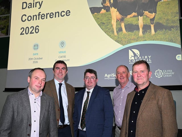 Session 3 panellists: Andrew Crawford, dairy farmer, Steven Morrison, Dairy Carbon Network, Jason Rankin, Agrisearch, Jim Uprichard, Trouw Nutrition and Wallace Gregg, dairy farmer.