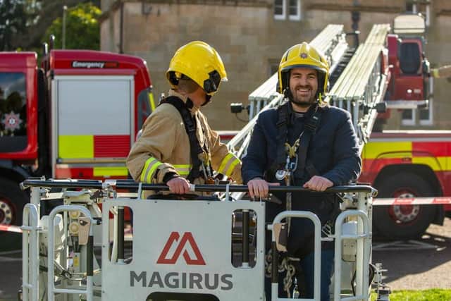 Mayor Alistair Cathcart in the NIFRS aerial platform. Picture: Ian Pedlow