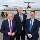 Economy Minister Conor Murphy and Infrastructure Minister  John O’Dowd with  Steve Frazer, Managing Director, City of Derry Airport, at the announcement of funding to protect the continuation of flights from the airport to London Heathrow. (Picture: Lorcan Doherty)