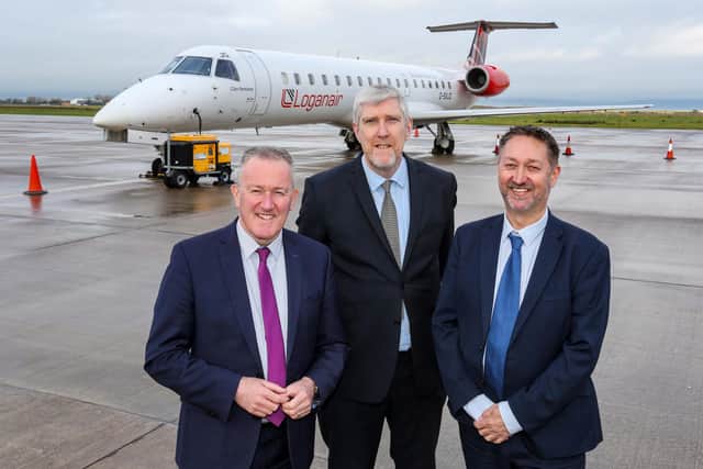 Economy Minister Conor Murphy and Infrastructure Minister  John O’Dowd with  Steve Frazer, Managing Director, City of Derry Airport, at the announcement of funding to protect the continuation of flights from the airport to London Heathrow. (Picture: Lorcan Doherty)