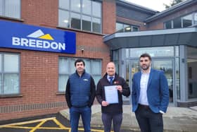 Fraser Thom, Breedon materials director Ireland and Jonathon Cole commercial manager NI with UFU corporate sales executive Craig Scott.