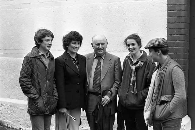 Pictured at the start of August 1980 at the Royal Dublin Horse Show at the RDS are John Weir, Anita Elliott, Harry Weir, Phyllis Elliott and David Hanlon from Portadown who all braved the wet weather at the show. Farming Life declared of the show: “The Royal Dublin Show is still the world’s premier event in the equestrian world. And this year, as in every year, Ulster horsemen and women are at the top of the list in the prestigious Dublin event.” Picture: News Letter archives/Darryl Armitage