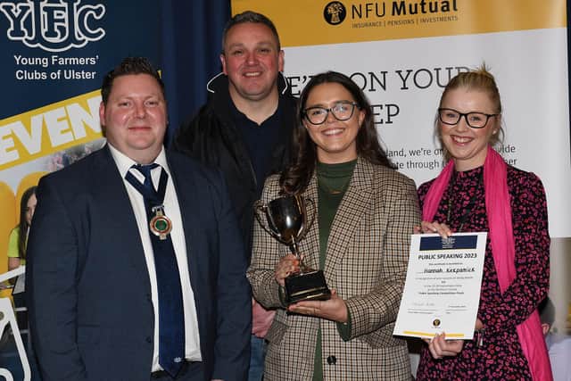 Hannah Kirkpatrick who won 1st in the 25-30 impromptu class with Stuart Mills, YFCU President,Paul Black, from the Police Service of Northern Ireland (PSNI) and Lauren Hamilton, NFU Mutual.