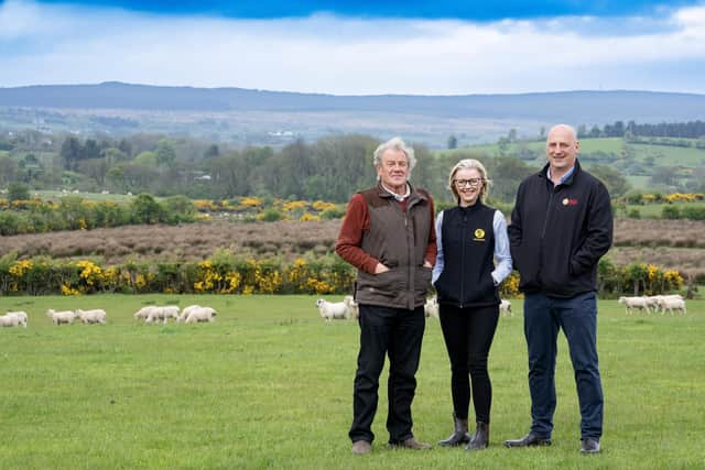 John McLenaghan, deputy president of the Ulster Farmers’ Union (right) is pictured with Laurel Hamilton, sales development manager for NFU Mutual with Don Holland from D&D Holland farm