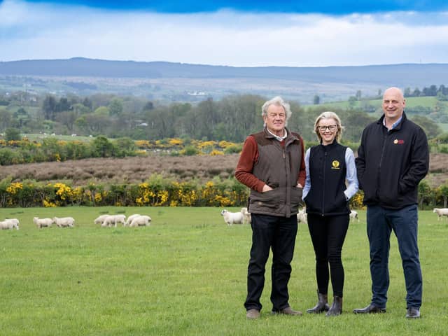 John McLenaghan, deputy president of the Ulster Farmers’ Union (right) is pictured with Laurel Hamilton, sales development manager for NFU Mutual with Don Holland from D&D Holland farm