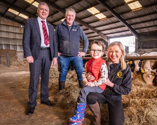 Pictured is William Irvine, deputy president of Ulster Farmers’ Union, Brian Matthews from participating farm Donagh Cottage Farm, Donaghcloney, Lauren Hamilton, sales development manager from NFU Mutual and farming enthusiast Gabriel Murray age 4.