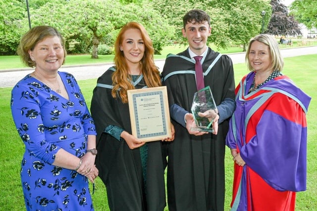 Top Industry Placement students on the BSc (Hons) Degree in Agricultural Technology course Ciara McCullagh (Cookstown) and Wilson Marshall (Aughnacloy) were awarded Department of Agriculture, Environment and Rural Affairs Certificates by Katrina Godfrey (Permanent Secretary, DAERA) and Dr Susan Doherty (Queen’s University, Belfast) at the Greenmount Graduation Ceremony. Pic: CAFRE