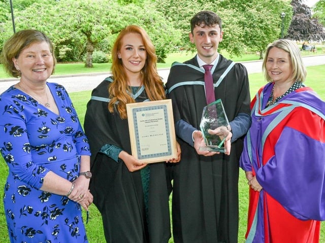 Top Industry Placement students on the BSc (Hons) Degree in Agricultural Technology course Ciara McCullagh (Cookstown) and Wilson Marshall (Aughnacloy) were awarded Department of Agriculture, Environment and Rural Affairs Certificates by Katrina Godfrey (Permanent Secretary, DAERA) and Dr Susan Doherty (Queen’s University, Belfast) at the Greenmount Graduation Ceremony. Pic: CAFRE