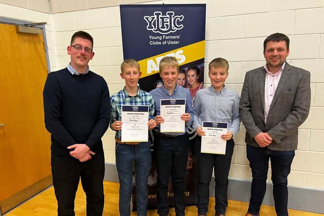 Pictured is the winning 12-14 group debating team from Donaghadee YFC receiving their certificates from guest speaker David Duly (Left) and YFCU deputy president Richard Beattie (right). Picture: Submitted