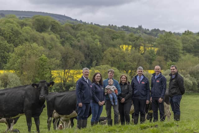 The Land Mobility Service (LMS) is strengthening its presence in the Munster region. Pictured from (L to R) on the leased farm of John and Marie Lane, Carrigoon, Mallow, Co Cork are Dairygold Chairperson Pat Clancy; Niamh and James Maloney, along with their son Fionn, who is in a lease agreement for the farm organised through LMS; newly appointed Munster-based LMS Facilitator Emma Behan; Dairygold Chief Executive Michael Harte; Dairygold Milk Supply and Farm Succession Manager Paul O’Connell and LMS Programme Manager Patrick Brady. Photo: Clare Keogh
