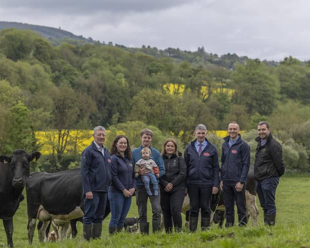 The Land Mobility Service (LMS) is strengthening its presence in the Munster region. Pictured from (L to R) on the leased farm of John and Marie Lane, Carrigoon, Mallow, Co Cork are Dairygold Chairperson Pat Clancy; Niamh and James Maloney, along with their son Fionn, who is in a lease agreement for the farm organised through LMS; newly appointed Munster-based LMS Facilitator Emma Behan; Dairygold Chief Executive Michael Harte; Dairygold Milk Supply and Farm Succession Manager Paul O’Connell and LMS Programme Manager Patrick Brady. Photo: Clare Keogh