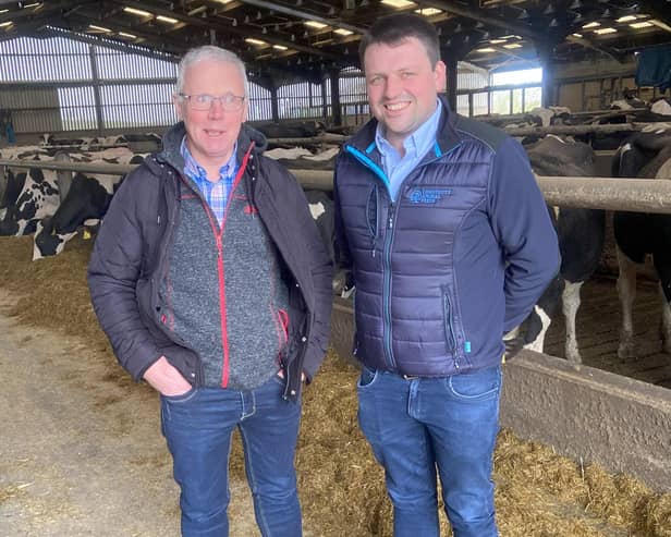 UGS President John Egerton chats to Richard Beattie ahead of the Society’s visit to the Beattie’s farm at Dunloy on Tuesday 30th April 2024