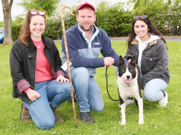 A family affair -  Dewi Jenkins with his 14,000gns top price Skipton working sheep dog, Llwynsarn Non, joined by sister Sara Jenkinson, left, and girlfriend Sara Lewis. Picture: Robin Moule, Moule Media