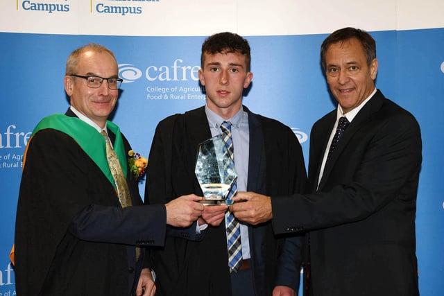 Ian Kennedy (Collone) received the Department of Agriculture, Environment and Rural Affairs Prize at the Greenmount Campus Graduation Ceremony. The prize was awarded to the top student on the Level 3 Advanced Technical Extended Diploma in Agriculture course by Martin McKendry (CAFRE Director) and Cormac McKervey (Head of Agriculture, Ulster Bank and Guest Speaker)
