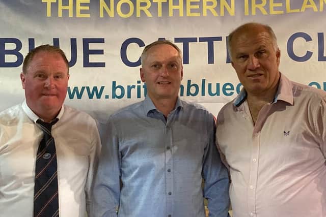 Oliver McCann (NI Blue Cattle Club Chairman), John O’Kell (judge), Sam Robinson. (Pic: NI Blue Cattle Club).