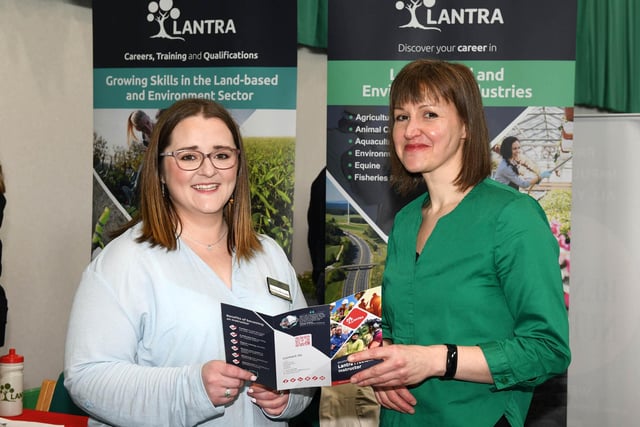 Careers Fair, event organiser Caithriona McCrudden, Horticulture Lecturer, CAFRE chats to Lantra Scotland Director Dr Liz Barron-Majerik MBE MICF at the Greenmount Campus, Opportunities in Horticulture Careers Fair.