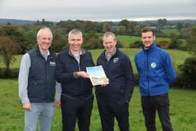From left to right, project partners David Stewart (Lakeland Dairies), Ian Stevenson (Dairy Council for Northern Ireland), Neville Graham (Dale Farm), Jonathan Bell (RSPBNI). Pic: Press Eye