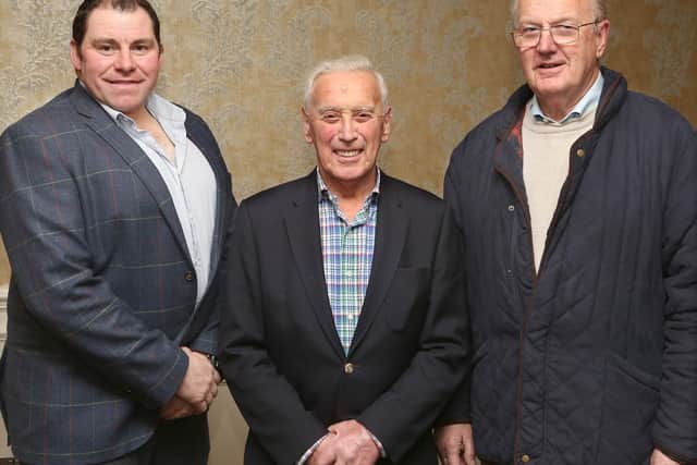 Roland Graham (left) Chairman of Fermanagh Grassland Club, with founder members of the club sixty years ago, Cytril Brownlee (centre) Cornagee, Letterbreen and Basil Little, Tullyreagh, Tempo at their monthly meeting. Pic: Raymond Humphries