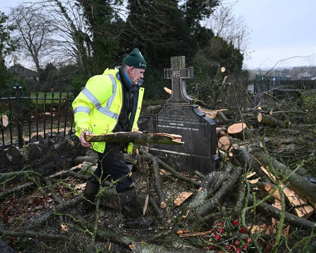 A farmer moves branches and debris from a tree that fell into the graveyard at St Josephs Church on January 22, 2024 in Glenavy, Northern Ireland. Much of the UK was battered overnight by Storm Isha and its high winds, which in some places reached 99mph. (Photo by Charles McQuillan/Getty Images)