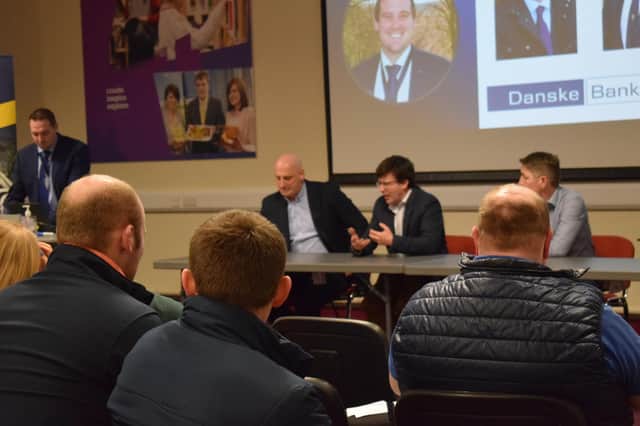YFC members engaging in a discussion with the panel speakers, John McLenaghan, deputy president, Ulster Farmers Union, Danske Bank, Patrick Flynn, CAFRE technology demonstration farm host and Rodney Brown, head of agriculture, Danske Bank, hosted by YFCU president, Peter Alexander