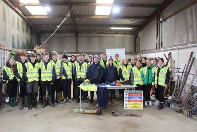Agri Aware's Robert Corroon and Ashley Traynor highlighting the importance of farm safety to students at the Donegal farm walk and talk event