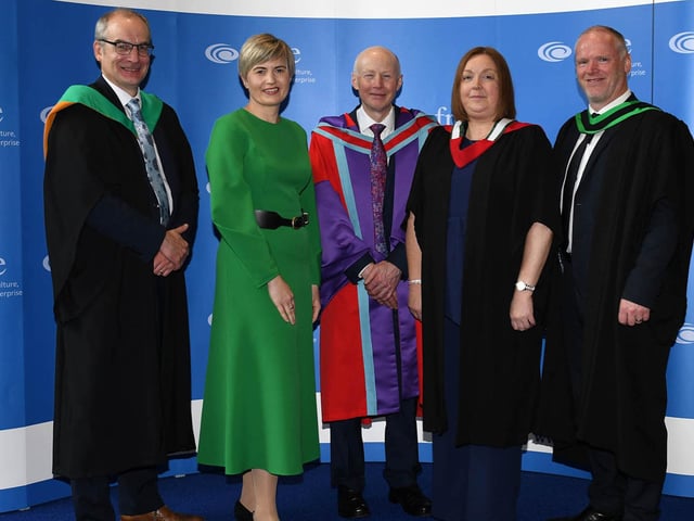 The Platform Party at the Loughry Campus Further Education Awards ceremony: Martin McKendry (CAFRE Director), Guest Speaker Elaine Willis (Retail Director, Linden Foods), Dr Eric Long (Head of Education, CAFRE), Nicola Kerr (Senior Lecturer, CAFRE) and Fintan McCann (Head of Food Education, CAFRE). (Pic: CAFRE)