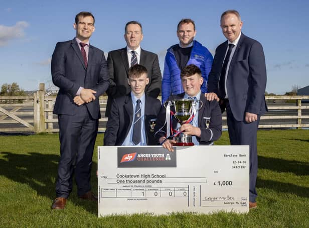 Cookstown High School’s winning team William Hamilton and John Mark McCrea (absent from the picture Ben Smyton) with from left Mr Agnew, teacher; Managing Director of ABP in Northern Ireland George Mullan; John Fegan, the team’s CAFRE Mentor and the General Manager of Certified Irish Angus, Charles Smith