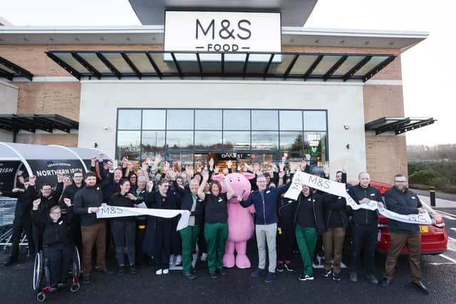 Despite the drizzle, North Coast shoppers flocked to the official opening of Marks & Spencer Coleraine today as the brand-new state of the art foodhall opened its doors to the public for the first time. Team Manager Patricia Woods cut the ribbon on the new 11,500 square foot store in Riverside Retail Park in Coleraine, creating 30 new jobs. (Pic: Brian Thompson)