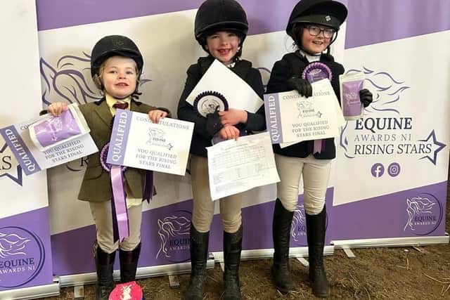 Lily Crawford, Elsie Crawford and CJ O’Brien showing off their fantastic prizes from Equine Awards NI Rising stars qualifier at Knockagh View.