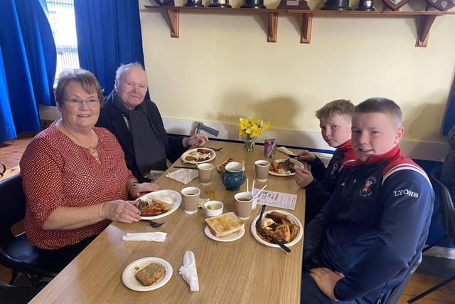 Mary and Robert Crawford with grandsons Jack and Isaac Crawford at Seskinore YFC's recent Big Breakfast which was held in Saturday, March 9. Picture: Seskinore YFC