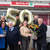 McCann’s SPAR Belcoo celebrating their 50th anniversary. (L-R): Connor McCann, Regional Manager at Henderson Group, Eugene McCann, Store Owner, Brenda McCann, Kieran McCann who opened the store 50 years ago, Oran and Shona McCann, Robert Tannahill, Business Development Manager at Henderson Group and Martin Agnew, Joint Managing Director of the Henderson Group