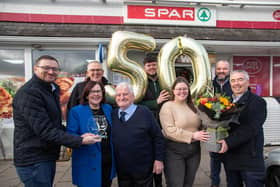 McCann’s SPAR Belcoo celebrating their 50th anniversary. (L-R): Connor McCann, Regional Manager at Henderson Group, Eugene McCann, Store Owner, Brenda McCann, Kieran McCann who opened the store 50 years ago, Oran and Shona McCann, Robert Tannahill, Business Development Manager at Henderson Group and Martin Agnew, Joint Managing Director of the Henderson Group