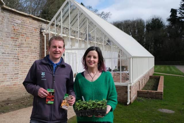 Ian Marshall, Senior Gardener, Florence Court with Kathy Dunphy, Senior Project Co-ordinator, encouraging gardeners to start sowing and planting for a summer display. The Kitchen Garden Volunteers have been successful exhibitors at Fermanagh County Show in previous years.
