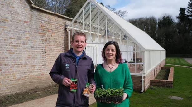 Ian Marshall, Senior Gardener, Florence Court with Kathy Dunphy, Senior Project Co-ordinator, encouraging gardeners to start sowing and planting for a summer display. The Kitchen Garden Volunteers have been successful exhibitors at Fermanagh County Show in previous years.
