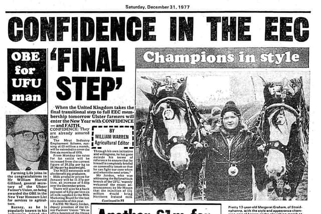 The front page of Farming Life which was published on Saturday, December 31, 1977, with a picture of  Margaret Graham, of Straidnahanna, Co Antrim, and her horses