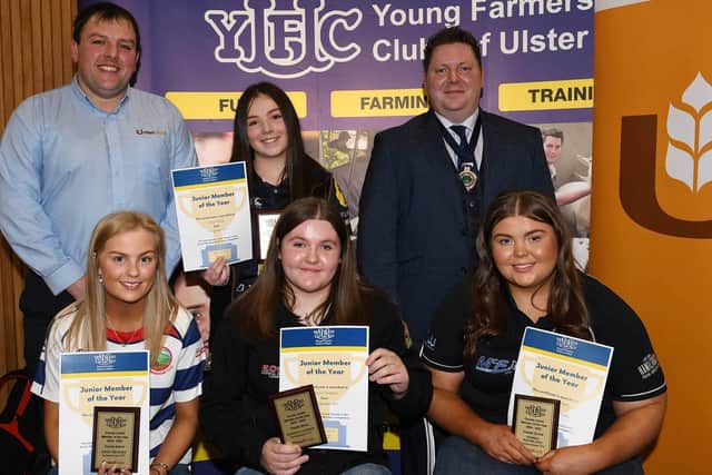 Alan Boyd, United Feeds, ruminant nutrition team leader with YFCU president, Stuart Mills and the county winners of the junior member of the year competition