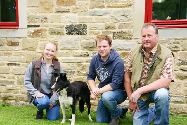 Dewi Jenkins with his 4,700gns Skipton dog Troedrhiw Sweep, joined by buyer Richard Harrison and his 19-year-old daughter Elizabeth, who is studying agriculture at Harper Adams University