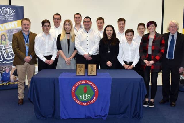 Pictured are members of Finvoy YFC who were awarded second place overall at the YFCUs annual Choir Festival as well as winning the Best Choral Piece for their rendition of Happy. Also pictured, YFCU President James Speers and adjudicators Denis Totten and Diana Culbertson.