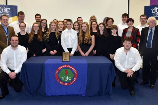 Pictured are members of Glarryford YFC who were awarded third place at the YFCU annual Choir Festival. Also pictured, YFCU President James Speers and adjudicators Denis Totten and Diana Culbertson.