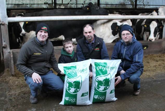 Discussing the benefits of the new seaweed meal 'PhylFeed': Richard Owens, Owens Farm Solutions, Stranocum dairy farmer Francis Kyle, with his son Andrew and Seamus Cunningham, from the manufacturing company OGT