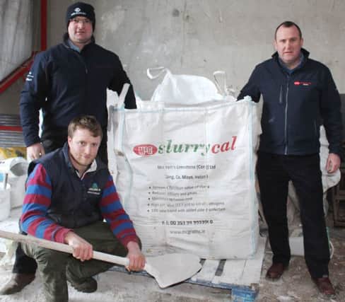 Discussing the benefits of the new 'double acting' bedding lime - Slurrycal: Keith Rosborough, from stockist KW Agri; Portrush dairy farmer William Chestnutt and Slurrycal's Leslie Dwyer