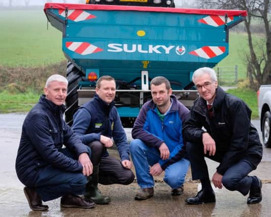 Discussing the benefits of an advanced fertiliser sower. The sower was purchased by farmer, Mark Anderson, Hamiltonsbawn, under Tier 1 of the Farm Business Improvement Scheme. Included from left are John Murray, DAERA; Dr Andrew Kerr, Contract Manager, Countryside Services Ltd, DAERA appointed delivery agent for the Farm Business Improvement Scheme; Mark Anderson, farmer and Norman Fulton, Head of Food and Farming Group, DAERA. Photograph: Columba OÃ¢Â¬"Hare